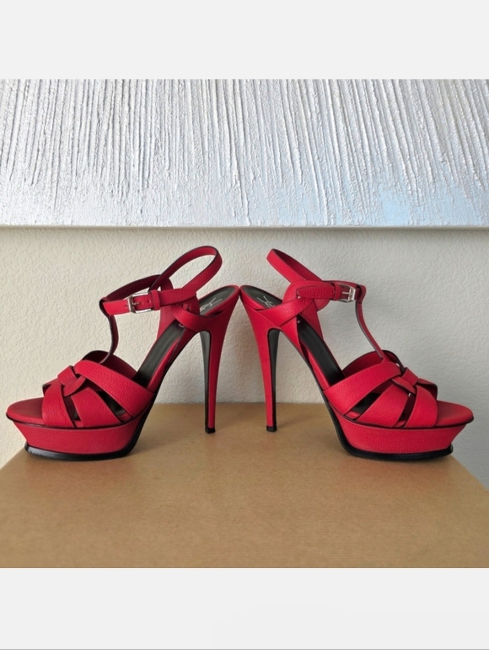 YSL Yves Saint Laurent Red Leather Strappy Ankle Strap High Heels EU38 / US8 - Picture 6 of 13